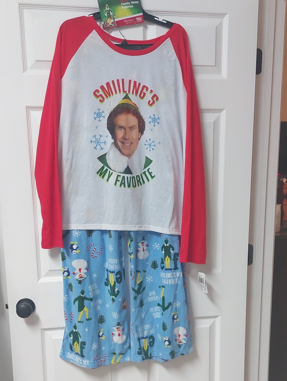 Men's Elf Two-Piece Pajama Set - White & Red Top with Light Blue Pants Size 3X